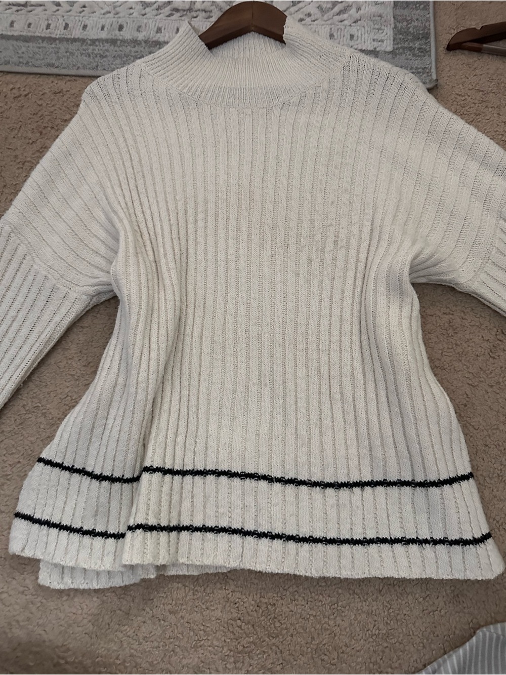 White Ribbed Mock Neck Sweater with Black Stripe